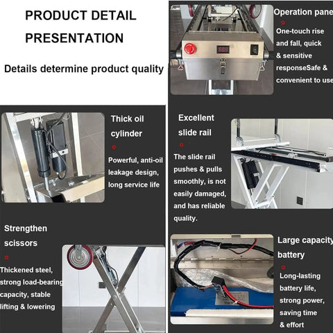 Heavy Duty Electric Rechargeable Folding Forklift Cart With Hydraulic Lift Platform For Pickup Trucks And Vans 300 KG Capacity 43 Inch Height showing oil cylinder and operation panel.