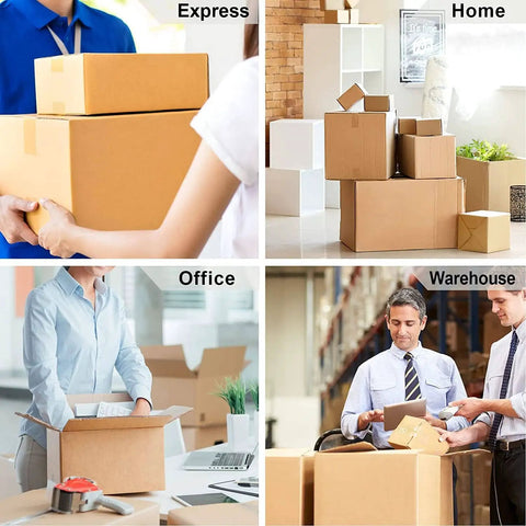 2 Pack No Noise Clear Packing Tape With Dispenser Heavy Duty 2.7 Mil Thick 1.88 Inch Wide 55 Yards Long Silent Noiseless Packing Tape For Shipping Moving Boxes Office Use Clear Durable Packaging Tape being used in various settings, highlighting versatility for express shipping, home moving, office packaging, and warehouse storage.