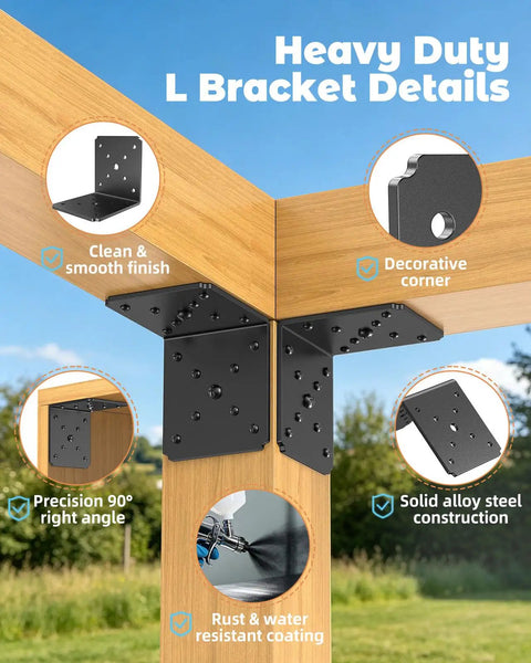 Heavy Duty L Bracket 4X4 Corner Braces For Wood Deck And Pergola Posts 90 Degree Steel Angles with decorative angles and water resistant coating.