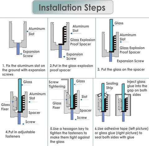 Installation steps for Top Shelf Frameless Glass Deck Railing System With Rock Solid Aluminum U Channel Base Track, showing glass attachment.