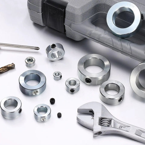 Twelve Piece Hollow Shaft Collars With Set Screws One Quarter Inch Bore Half Inch Outer Diameter Five Sixteenth Inch Width Zinc Plated Carbon Steel Locking Axle Collars Built Tough And Lightweight with tools