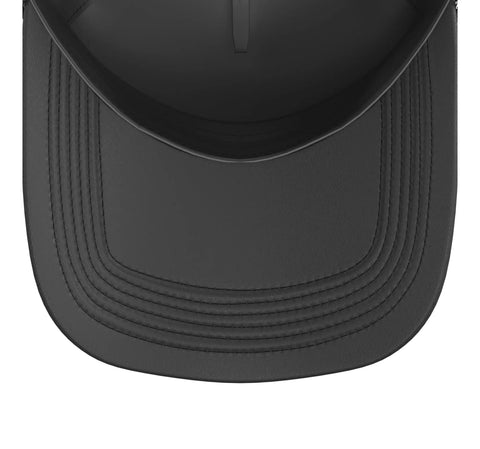 Top view of Cool Vise Gauge Square Machinist Trucker Hat For CNC Guys With Adjustable Mesh Back And Structured Foam Front In Sleek Black One Size Fits Most Adults.