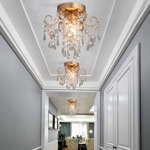 Mini Crystal Chandelier Flush Mount Ceiling Light With Gold Finish, Sparkling E26 Base Fixture in elegant hallway.