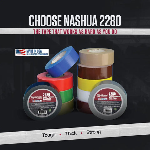 Various colors of duct tape rolls stacked with 'Choose Nashua 2280' text; Tan Duct Tape All Purpose Water Resistant 1.89 Inch By 60 Yards Roll included