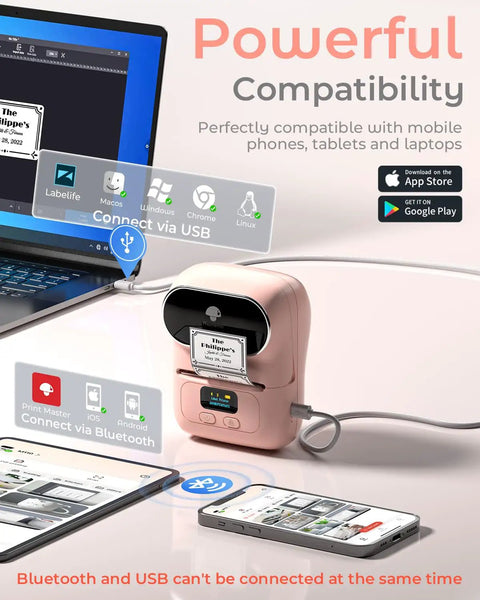 No Sweat Portable Thermal Label Printer With Crisp Built In Display And Smartphone App Hookup For Home And Small Business Quick Print Name Tags Price Stickers Cable Wraps Jewelry Cards Up To Fifty Millimeters Wide with USB connection shown.