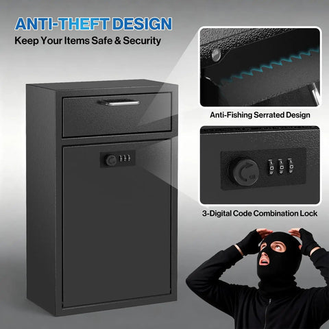 Heavy Duty Wall Mount Lock Box Deposit Safe With Code Lock For Businesses Vertical Tamper Proof Night Deposit And Cash Drop Box Steel Construction Perfect For Retail And Office Use Boss Grade Security showing anti-theft design and code lock.