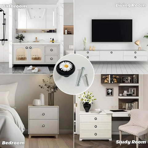 12 Pack White Daisy Cabinet Knobs With Bright Yellow Center On Matte Black Base For Kitchen And Bathroom Drawers displayed in modern rooms.