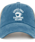 Front view of First Coffee Then Everything Second Mens Trucker Hat For Outdoor Adventures Lightweight Breathable Cap Ideal For Running Hiking Cycling Walking And Baseball Games With Comfortable Secure Fit For Everyday Wear in blue with white text