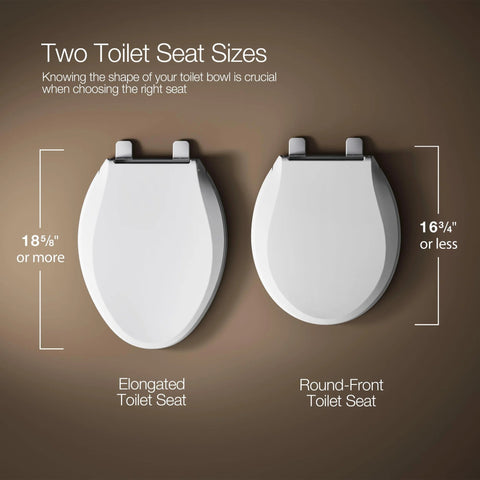Two white toilet seats shown: left elongated, right round-front.