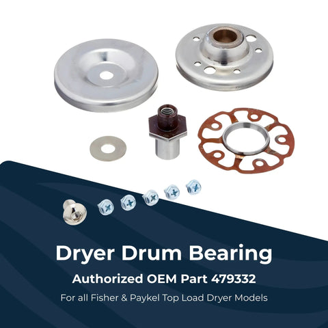 Drum Bearing Kit Replacement Part 479332 For Top Load Dryers with metal components and screws on white background