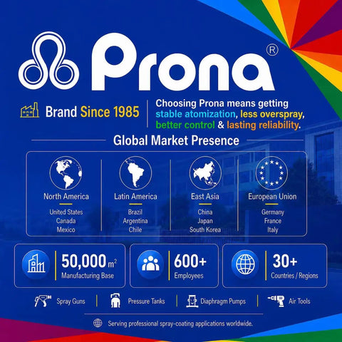 Prona brand information graphic highlighting global market presence and manufacturing capabilities since 1985.