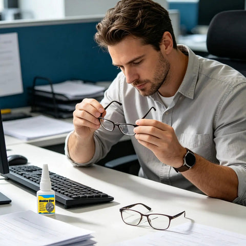 Man inspecting broken eyeglasses while using Heavy Duty Eyeglasses Repair Glue For Busted Frames at office desk.
