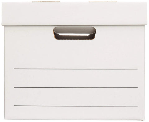 Medium Duty Storage And Filing Boxes With Lids And Handles Legal Letter Size white box with handle and label lines for easy organization.
