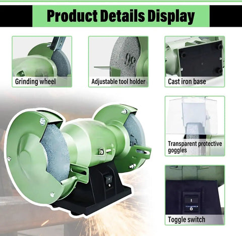 Ready To Roll Heavy Duty Electric Bench Grinder With Dual Five And Six Inch Aluminum Oxide Wheels showing grinding wheel and tool holder.