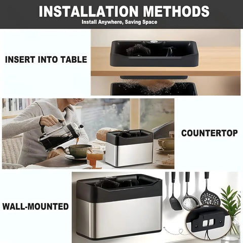 Game Changer Electric Espresso Knock Box And Automatic Portafilter Cleaner With Dual Scrubbers in table, countertop, and wall-mounted views.