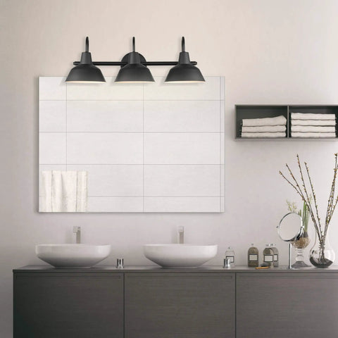Five Piece Matte Black Bathroom Accessory Set With A 24 Inch Three Light Vanity Fixture E26 Base in modern bathroom setup