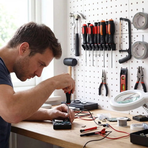Man using Go To Pegboard Screwdriver Holder and Tool Organizer for garage shop walls, tools neatly arranged on pegboard.