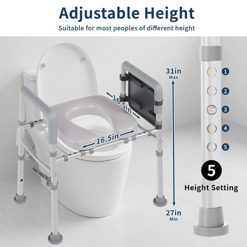 Adjustable Raised Toilet Seat With Plush Padded Cushion And Sturdy Safety Handles Built Tough 450 Lb Capacity with height adjustment features.
