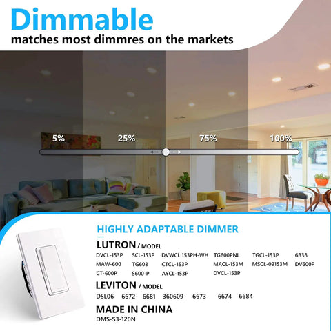 Dimmable LED lights with various brightness levels in a living room, compatible with 8 Inch LED Recessed Light With Junction Box 6 Pack.