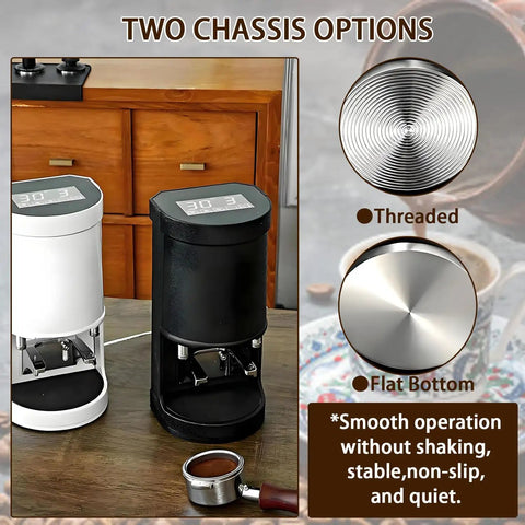 Automatic 58MM Electric Coffee Tamper Delivering Hella Even Compression Adjustable 5 To 30kg Pressure, black and white models shown.