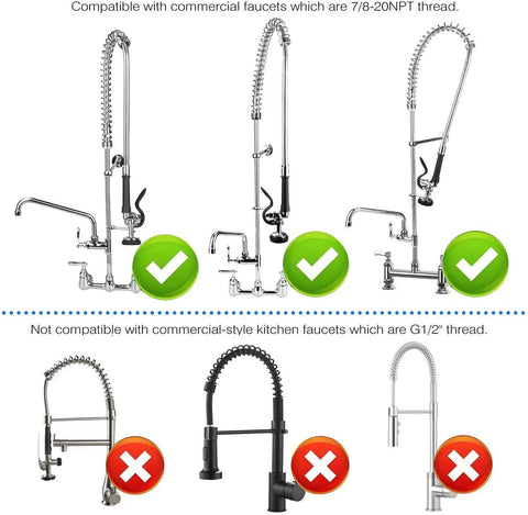 Diagram showing compatibility of Pre Rinse Hose With Spray Valve 44 Inch Flexible Stainless Steel Hose And Sprayer Nozzle Head Replacement Kit with commercial faucets