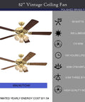 52 Inch Vintage Indoor Ceiling Fan With Dimmable LED Light And Clear Ribbed Glass, Polished Brass Finish, Reversible Walnut And Oak Blades