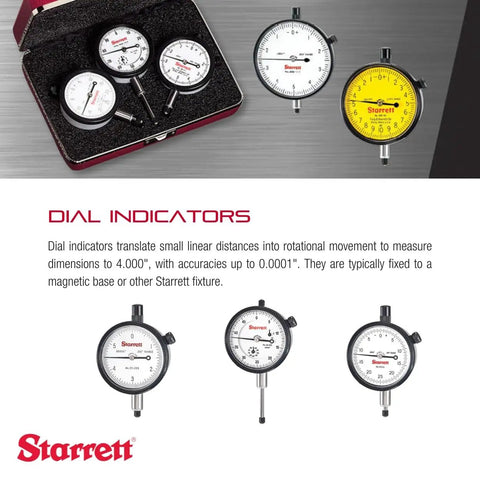 Set of Starrett dial indicators, various models including white and yellow faces, used for precision measurement in metalworking.