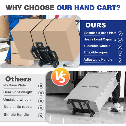 JMFOLD folding hand truck dolly, black steel, front view carrying a large cardboard box