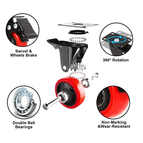 Tough As Nails 3 Inch Heavy Duty Caster Wheels With Dual Swivel Brakes Set Of 2 Polyurethane Silent Rollers broken down showing features.
