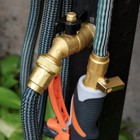 Expandable Telescopic Garden Hose End Adapter With Shut Off Valve And Repair Kit Fits Three Quarter Inch GHT connected to hose