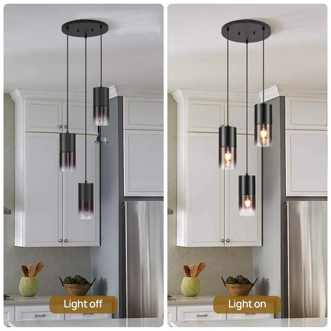 Black Industrial Kitchen Island Pendant Light With Black Glass Shade 3 E26 Bulbs Farmhouse Chandelier 59 Inch Adjustable Cord