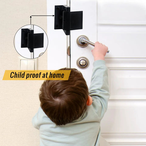 Child reaching for a door handle with Built Tough Door Security Lock Zinc Alloy Reinforcer Plate Kick Proof Privacy Latch.