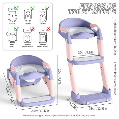 Game Changing 3-In-1 Toddler Potty Training Seat And Foldable Potty Chair With Step Stool, Adjustable Height For Little Champs, No Fuss Cleanup, Ultra Comfy Bathroom Helper Pink Purple dimensions and fitting guide