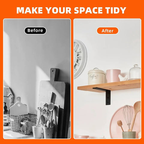 Before and after image of floating shelf installation using Badass Heavy Duty Floating Shelf Brackets 6 Pack Black Industrial Metal L Brackets.