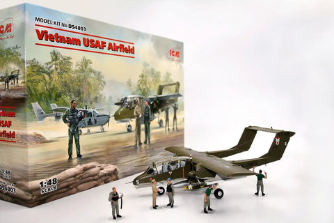 Old-School Vietnam Era USAF Airfield Model Kit Scale 1 To 48 With OV-10A And O-2A Aircraft And 5 Pilot And Tech Figures