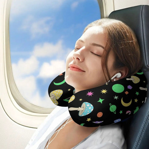 Woman using Travel Neck Pillow For Adults, U Shaped Memory Foam Support, Breathable Polyester Cover with Neon Mushrooms Design on airplane