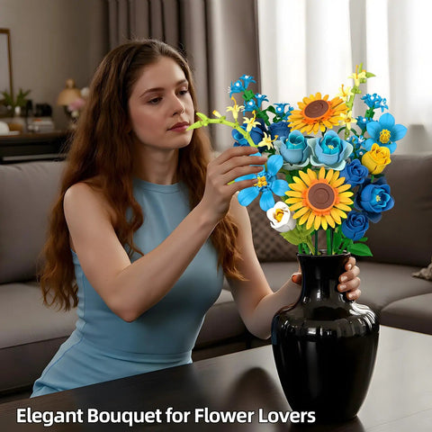 Van Gogh Starry Night And Sunflowers Inspired Bouquet Building Set Lego Compatible Flowers For Adults Women Vibrant Blue Yellow White Blooms To Brighten Desk Or Home Decor Perfect Gift For Christmas Mothers Day Or Just Because, woman arranging ABS bouquet in black vase