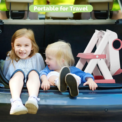 Two toddlers sitting in a car trunk beside the portable No Sweat 2 In 1 Potty Training Seat With Step Stool For Toddlers.