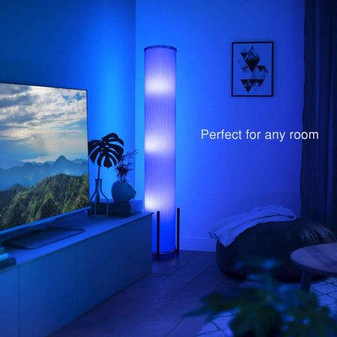 61 Inch RGB LED Floor Lamp With Remote Dimmer And Three Smart Bulbs Color Changing in modern living room setting