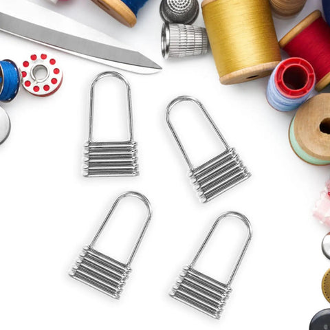 Heavy Duty Metal Zipper Pull Tabs For Backpack Repair Silver Replacement Sliders on a crafting background with threads.