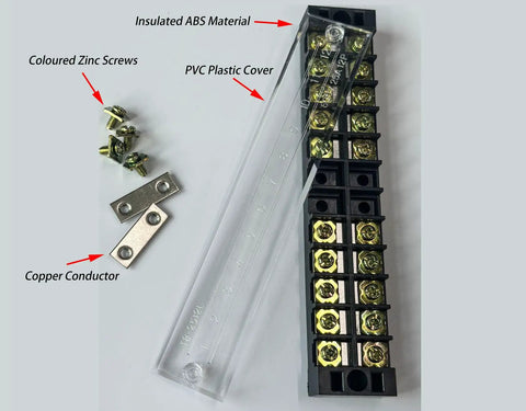 Beefed Up Heavy Duty 600V 25A Dual Row Screw Terminal Block Kit with cover and connectors, shown with parts labeled.