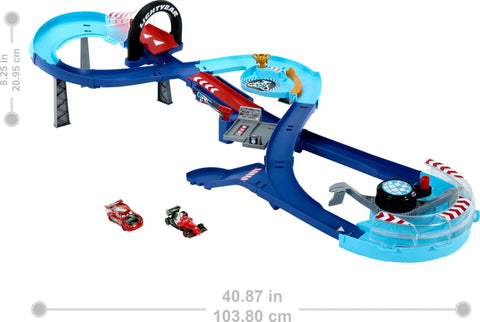 GRC Jumping Raceway Track Set With Kid Powered Booster And Lightning McQueen And Francesco Bernoulli Cars on display