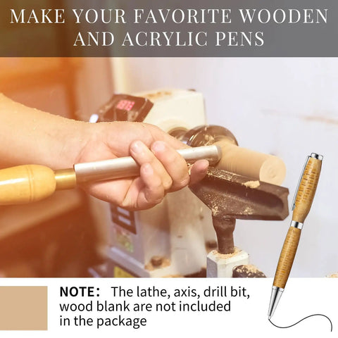 Person using lathe to craft wooden pens with Knockout Twenty Piece 7Mm Slimline Twist Pen Kit With Shiny Silver Refills.