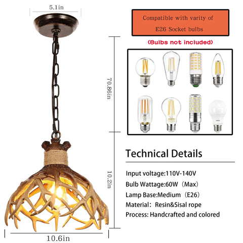 Rustic Deer Antler Pendant Ceiling Light With Aged Iron Accents, E26 Base, LED Compatible, 5.9 ft chain, technical details