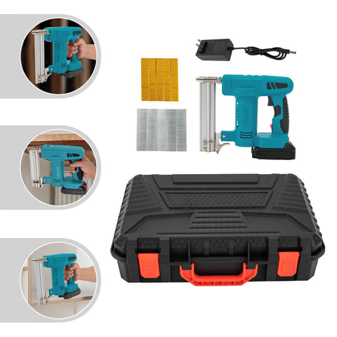 Top Shelf 20V Cordless Brad Nailer Kit With 15Ah Battery Charger showing nailer, charger, nail types, and carrying case for DIY tasks.