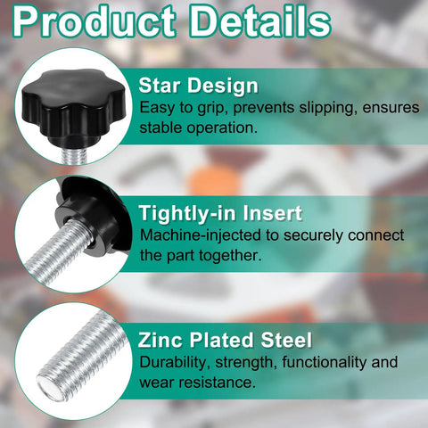 Black M12 Star Clamping Knobs With Nuts And Washers, Heavy Duty Zinc Plated Carbon Steel Thumb Screws, star design for secure grip.