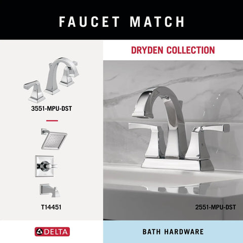 Dryden Collection faucet with polished chrome finish on marble countertop, matching bathroom accessories in focus.