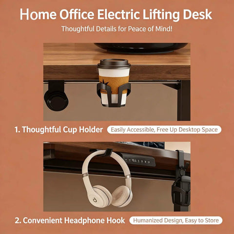 Electric Height Adjustable Standing Desk With Memory Controller And Anti Collision Guard Zero Hassle Adjustment Badass Durable Gaming Table For Home Office Ergonomic Setup 27 By 55 Inches featuring cup holder and headphone hook details.