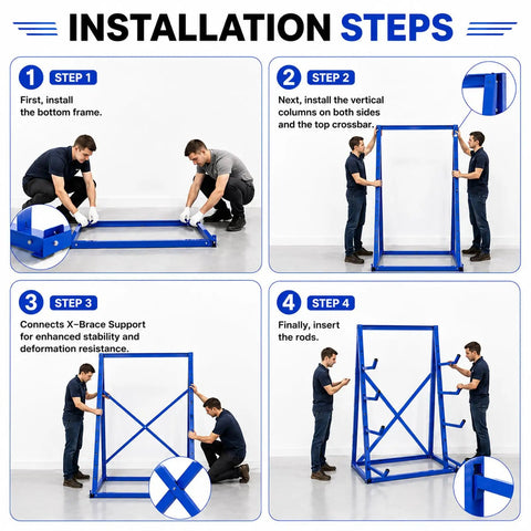 Installation steps of Built Like A Tank Four Tier Cantilever Rack For Heavy Lumber And Pipe Storage Made From Strong Alloy Steel.