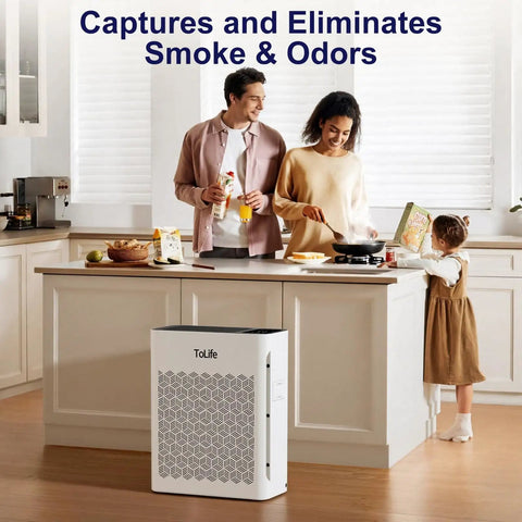 Family cooking in kitchen with Large Room Air Purifier With HEPA H13 Filtration And Washable Filter For Pet Hair Odor Dust Smoke
